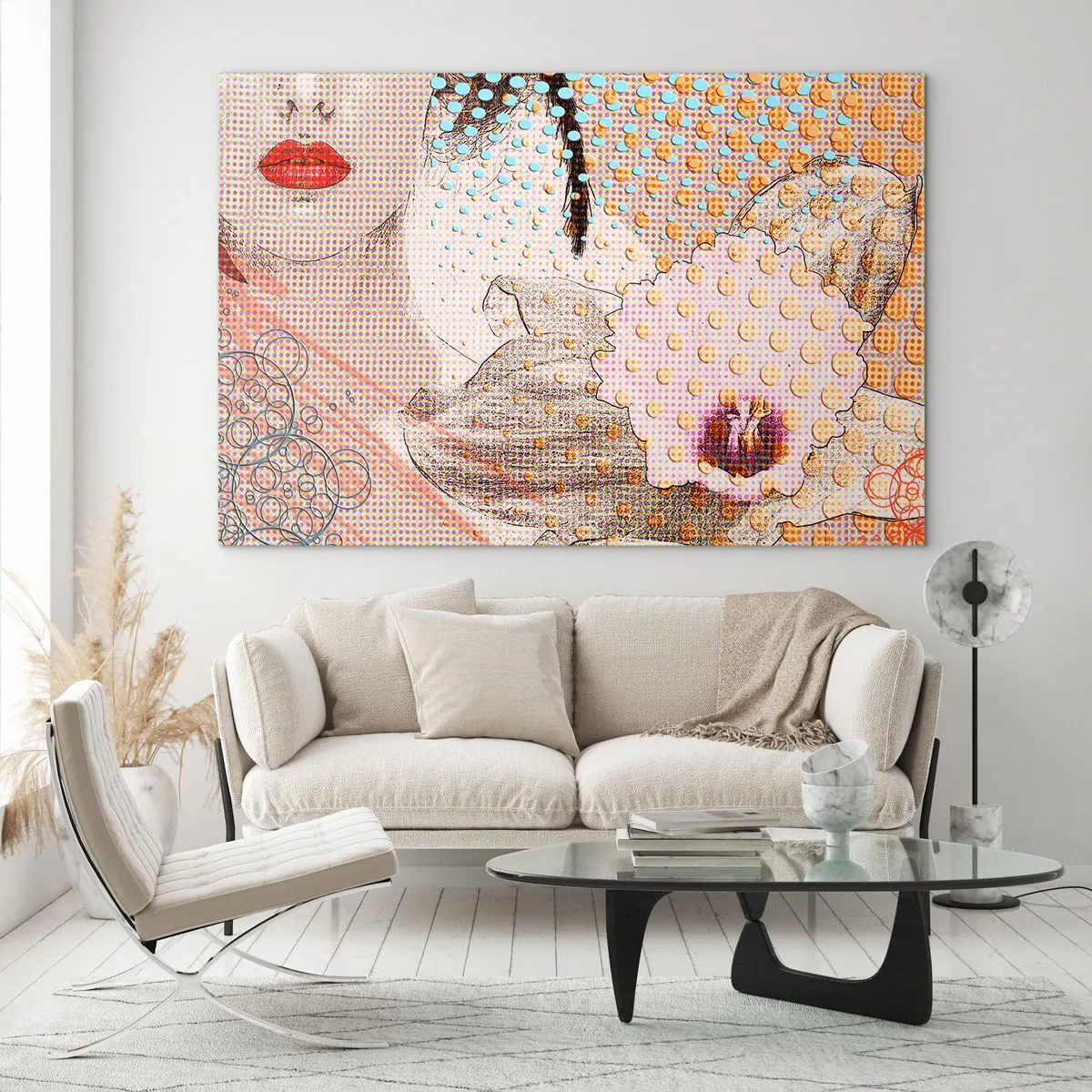 Tablou pe sticlă - Ilustrație a unui portret al unei femei cu o floare în fundal în stil pop art - 70x50cm - Eroină de benzi desenate - Decorațiune modernă pentru perete pentru living și dormitor ARTTOR