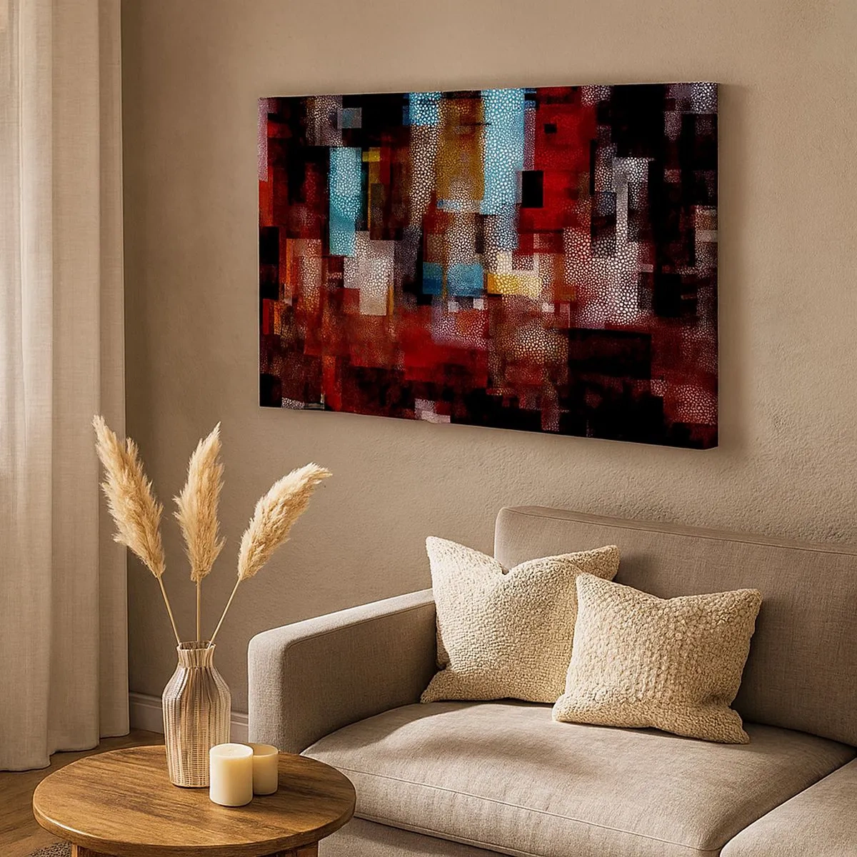 Tablou pe pânză Canvas - Abstracție geometrică în nuanțe intense de roșu - 70x50cm - Totul și nimic - Decorațiune modernă pentru perete pentru living și dormitor ARTTOR