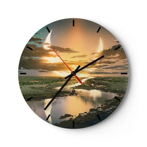 Ceas de perete - Ceas pe sticlă - Peisaj cu două luni pe fundalul soarelui care apune - 30x30cm - Undeva într-o galaxie foarte, foarte îndepărtată - Decorațiune modernă pentru perete pentru living, bucătărie și dormitor ARTTOR
