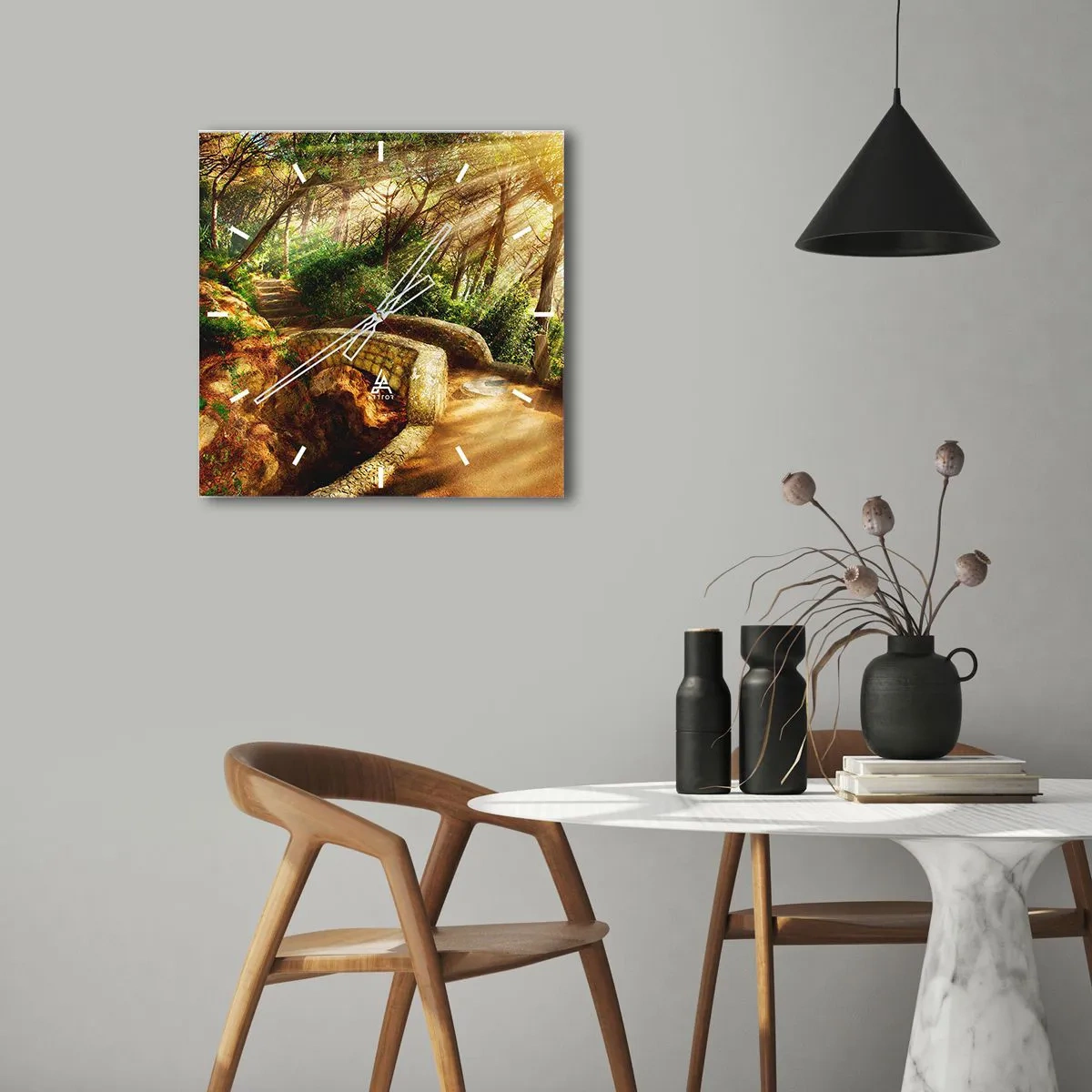 Ceas de perete - Ceas pe sticlă - Direct de pe pod în pădurea de basm - 30x30 cm