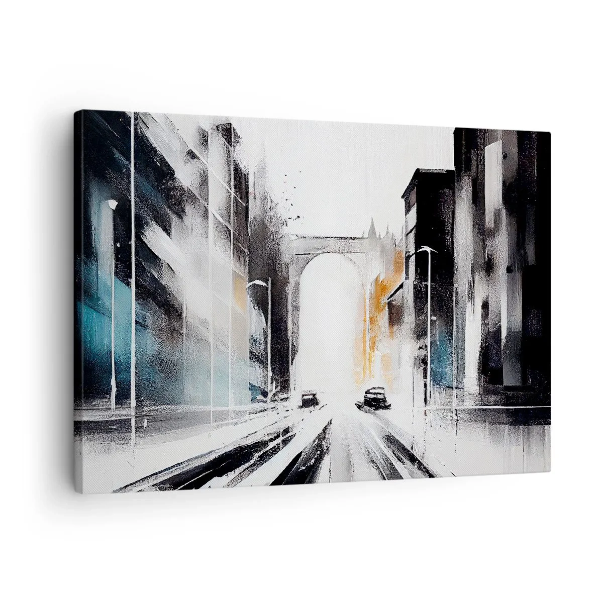 Tablou pe pânză Canvas - Panoramă abstractă a orașului cu un pod arcuit - 70x50cm - Studiu de oraș: arhitectură și mișcare - Decorațiune modernă pentru perete pentru living și dormitor ARTTOR