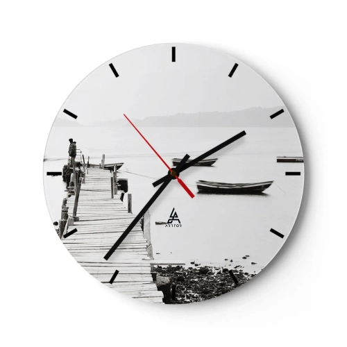 Ceas de perete - Ceas pe sticlă - Un debarcader și bărci pe ape calme în nuanțe de gri - 30x30cm - Peste apă liniștită și limpede - Decorațiune modernă pentru perete pentru living, bucătărie și dormitor ARTTOR