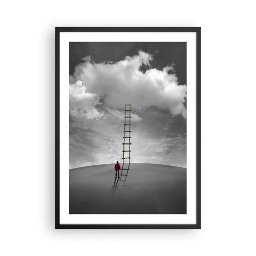 Poster în ramă neagră - Un bărbat stând lângă o scară care duce spre nori - 50x70cm - Orice este posibil - Decorațiune modernă pentru perete pentru living și dormitor ARTTOR