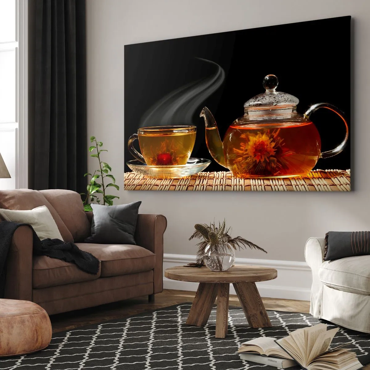 Tablou pe pânză Canvas - Ceainic de sticlă cu ceai din flori și o ceașcă - 70x50cm - Magia și arta preparării ceaiului - Decorațiune modernă pentru perete pentru living și dormitor ARTTOR