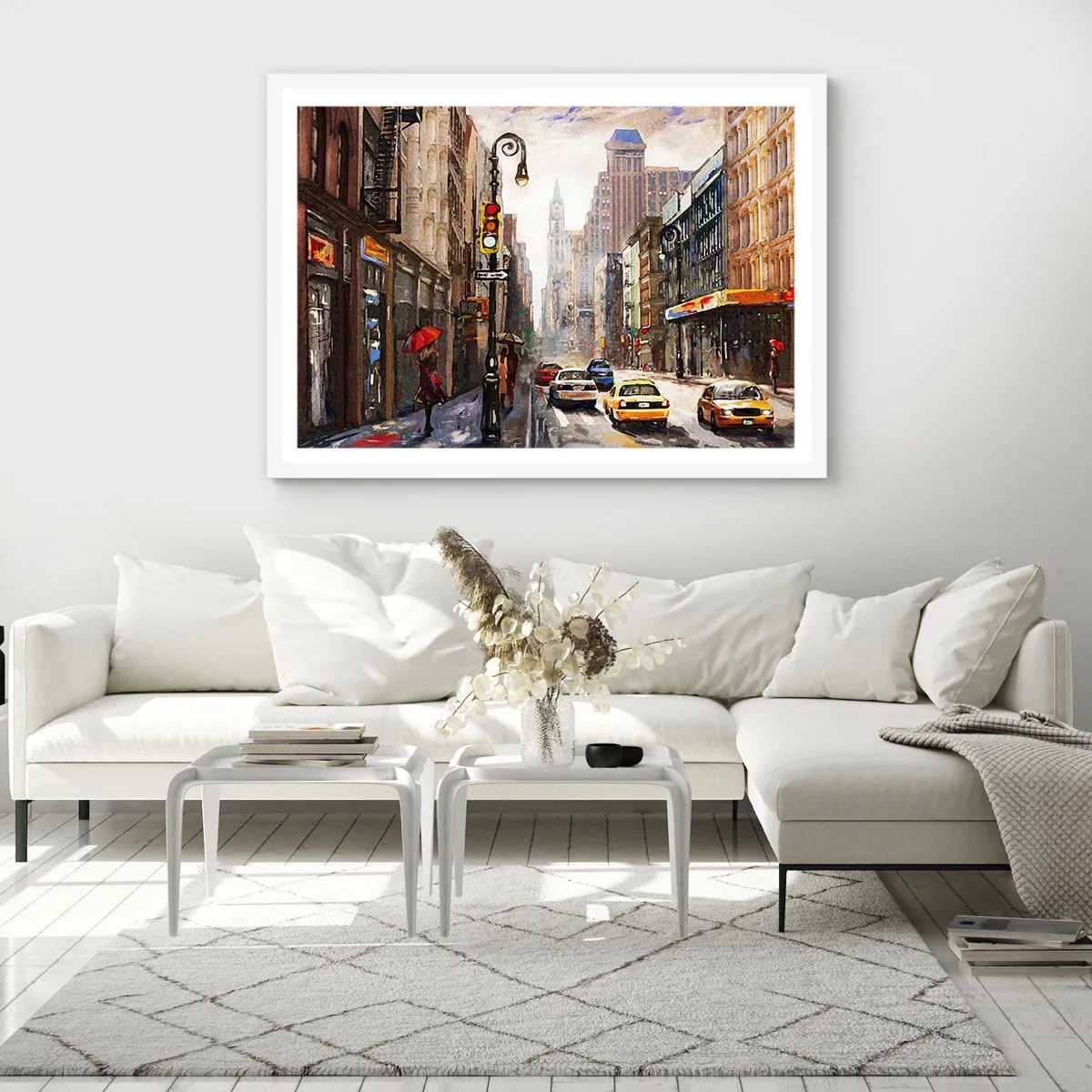 Poster în ramă albă - New York - plin de culoare și în ploaie - 91x61 cm