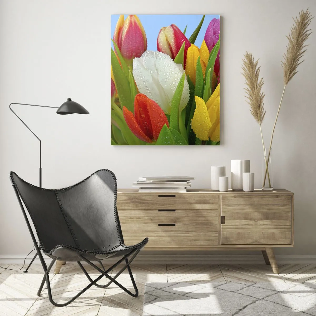 Tablou pe sticlă - Un curcubeu floral în picături de rouă - 50x70 cm