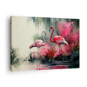 Tablou pe pânză Canvas - Flamingo lângă apă, înconjurat de vegetație - 70x50cm - O lecție de farmec natural - Decorațiune modernă pentru perete pentru living și dormitor ARTTOR