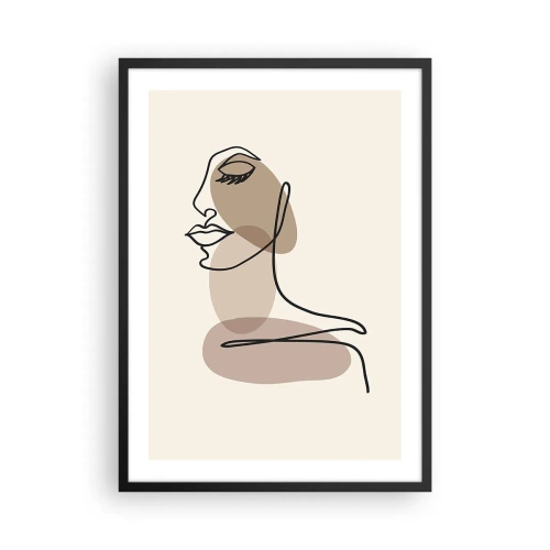 Poster în ramă neagră - Un portret minimalist al unei femei în nuanțe de bej. - 50x70cm - Ascultându-se pe sine - Decorațiune modernă pentru perete pentru living și dormitor ARTTOR