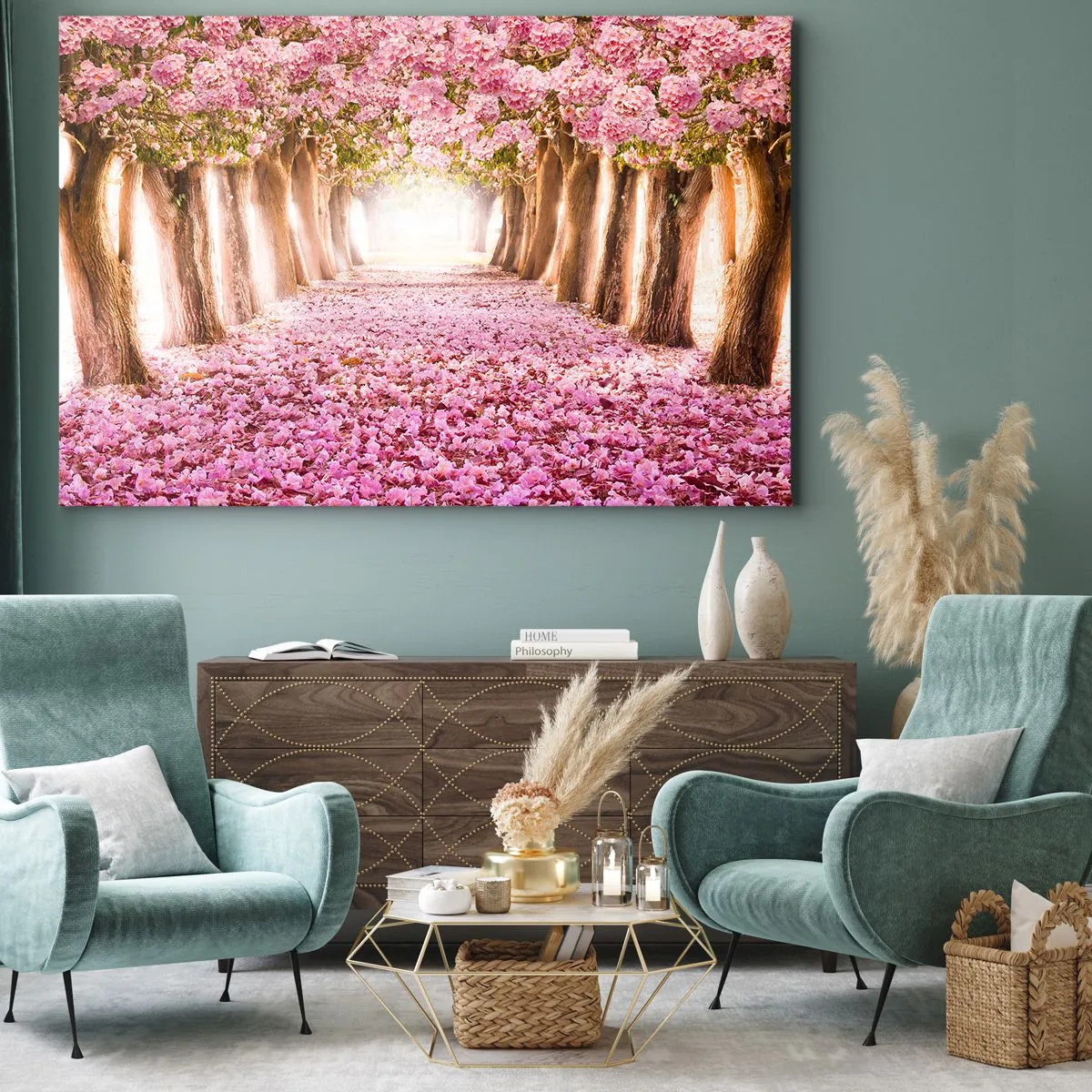 Tablou pe pânză Canvas - O alee de copaci înfloriți în nuanțe de roz - 70x50cm - Drumul spre paradis - Decorațiune modernă pentru perete pentru living și dormitor ARTTOR