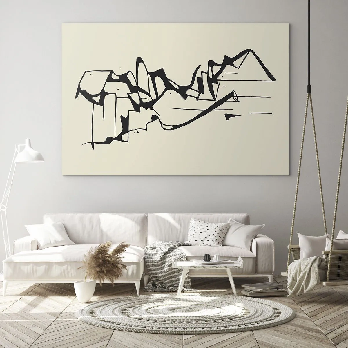 Tablou pe sticlă - Linie abstractă alb-negru care formează conturul unui peisaj - 70x50cm - Poate că peisajul - Decorațiune modernă pentru perete pentru living și dormitor ARTTOR