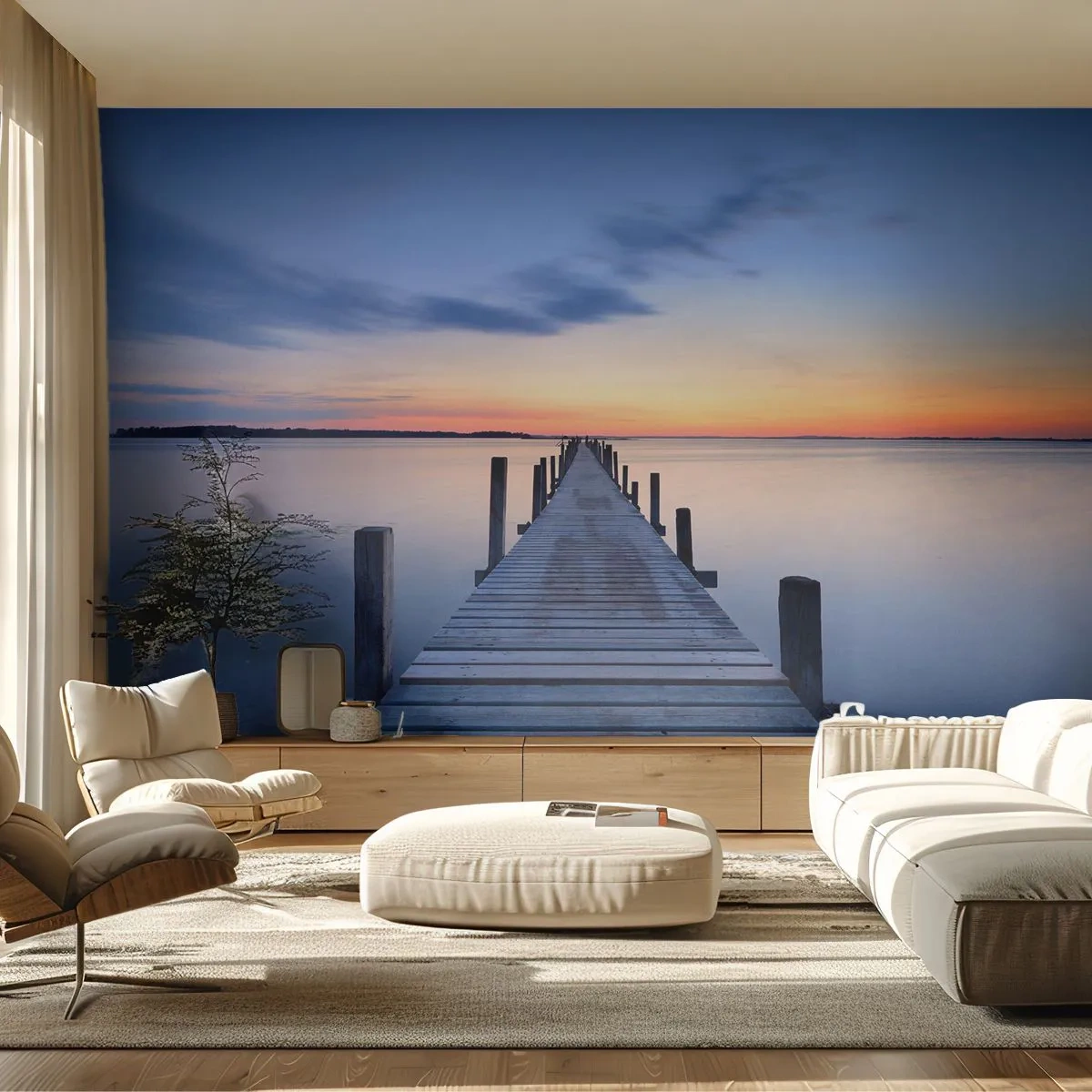 Tapet Premium Canvas - Calmul unui amurg senin - Peisaj, Dafin, Pod de lemn - 200x140 cm