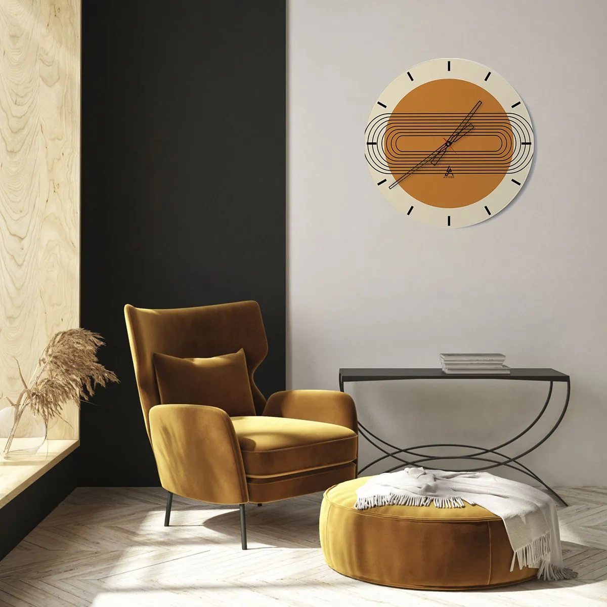 Ceas de perete - Ceas pe sticlă - Compoziție geometrică în nuanțe de bej și portocaliu - 30x30cm - Planul perfect - Decorațiune modernă pentru perete pentru living, bucătărie și dormitor ARTTOR