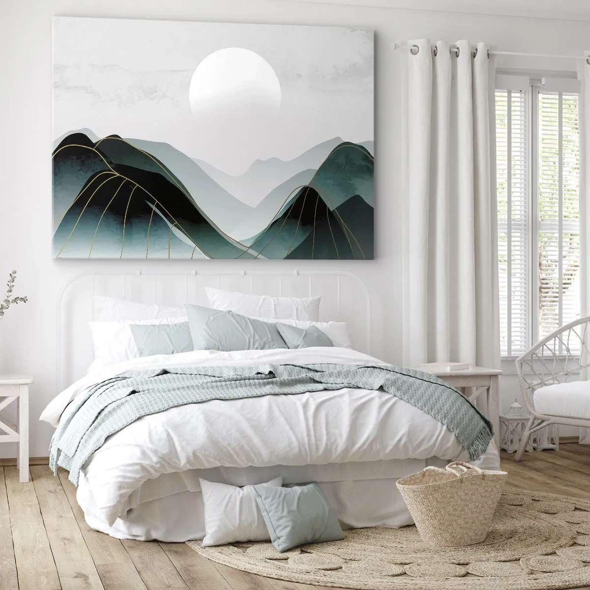 Tablou pe pânză Canvas - Peisaj montan abstract cu lună și linii aurii - 70x50cm - Măreție deplină - Decorațiune modernă pentru perete pentru living și dormitor ARTTOR