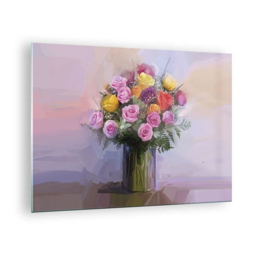 Tablou pe sticlă - Un buchet de trandafiri într-o vază de sticlă pe un fundal pastel - 70x50cm - Frumusețe reținută - Decorațiune modernă pentru perete pentru living și dormitor ARTTOR