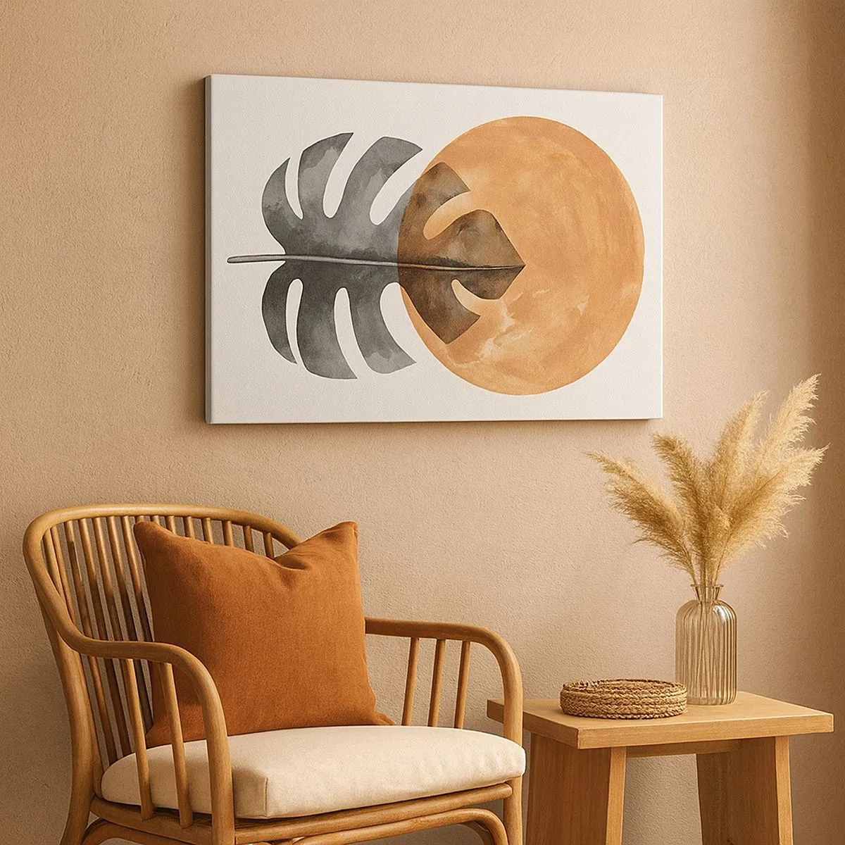 Tablou pe pânză Canvas - Frunză de Monstera și cerc auriu pe un fundal deschis - 70x50cm - Doar soarele - Decorațiune modernă pentru perete pentru living și dormitor ARTTOR