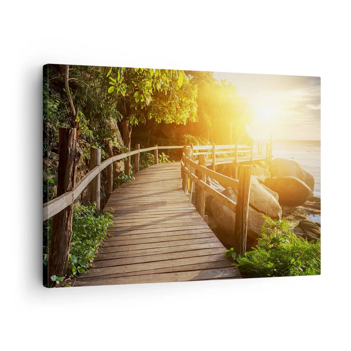 Tablou pe pânză Canvas - Un pod de lemn printre verdeață care duce spre mare în razele soarelui - 70x50cm - O altă curbă, o altă minune - Decorațiune modernă pentru perete pentru living și dormitor ARTTOR