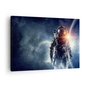 Tablou pe pânză Canvas - Astronautul pe fundalul spațiului și al planetei Pământ - 70x50cm - Aventură spațială - Decorațiune modernă pentru perete pentru living și dormitor ARTTOR