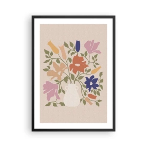 Poster în ramă neagră - Un buchet colorat de flori într-o vază deschisă la culoare pe un fundal bej - 50x70cm - Buchet delicat - Decorațiune modernă pentru perete pentru living și dormitor ARTTOR