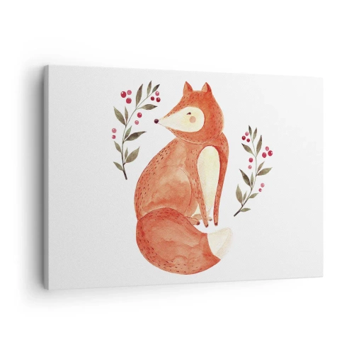 Tablou pe pânză Canvas - O vulpe în acuarelă înconjurată de crenguțe cu fructe de pădure - 70x50cm - Micuțul roșcat - Decorațiune modernă pentru perete pentru living și dormitor ARTTOR