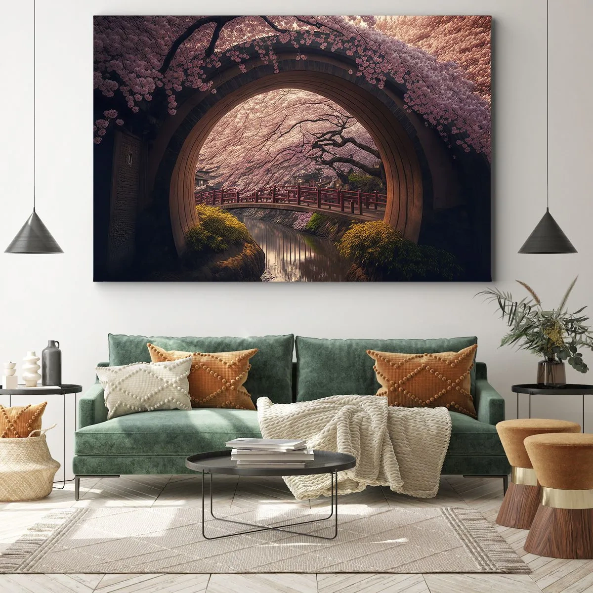 Tablou pe pânză Canvas - Un pod tradițional japonez înconjurat de flori de cireș - 70x50cm - Primăvara japoneză - Decorațiune modernă pentru perete pentru living și dormitor ARTTOR