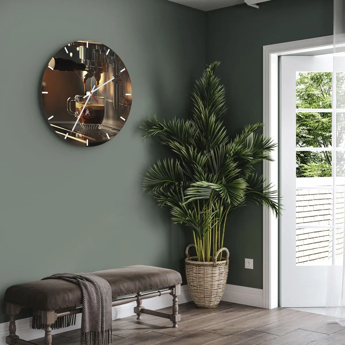 Ceas de perete - Ceas pe sticlă - Un aparat de cafea care toarnă espresso într-un pahar - 30x30cm - Băutură senzuală - Decorațiune modernă pentru perete pentru living, bucătărie și dormitor ARTTOR