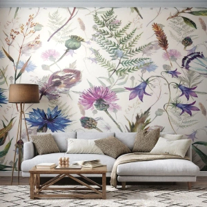 Tapet Standard Eco - Acuarelă flori și frunze pe fundal alb - 100x70cm - Ierbarul polonez - Decorațiune modernă pentru perete pentru living și dormitor ARTTOR