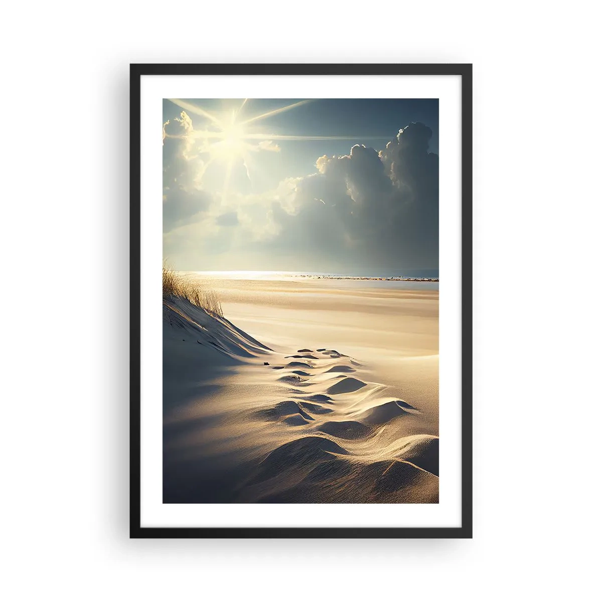 Poster în ramă neagră - Dune aurii pe plajă la apus - 50x70cm - Peisaj liniștitor - Decorațiune modernă pentru perete pentru living și dormitor ARTTOR