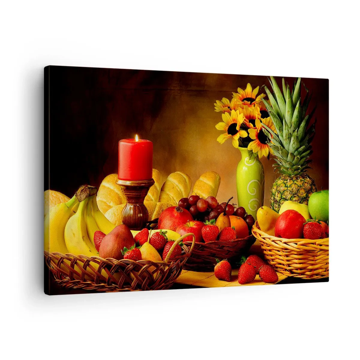 Tablou pe pânză Canvas - Natură statică cu fructe, pâine, lumânare și flori - 70x50cm - Natură moarte cu pâine și fructe - Decorațiune modernă pentru perete pentru living și dormitor ARTTOR