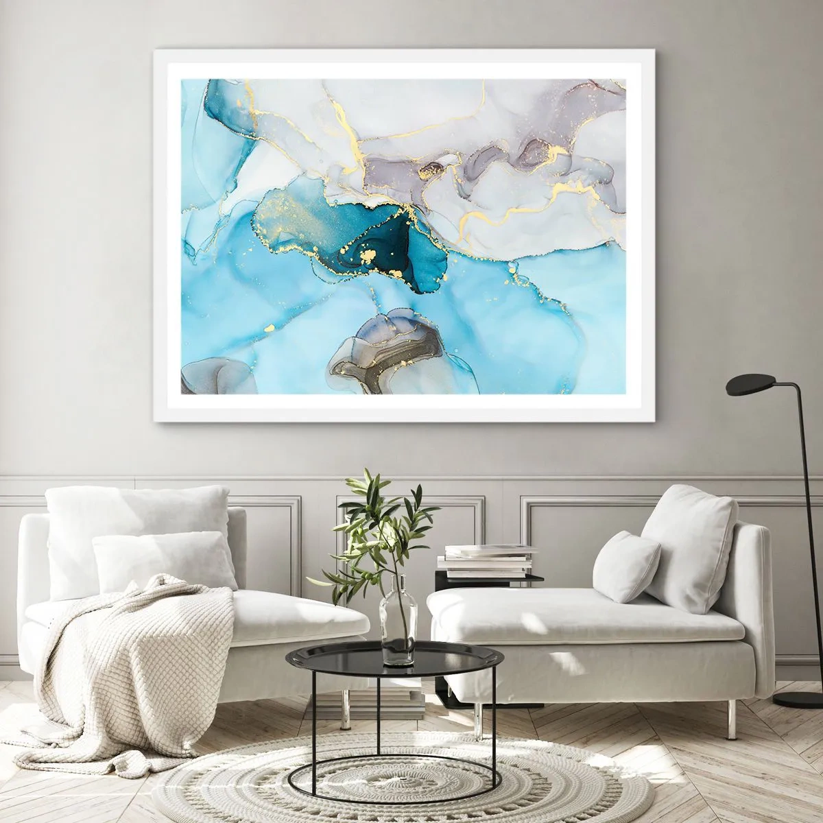 Poster în ramă albă - Un studiu al întâlnirii dintre gri și turcoaz - 100x70 cm