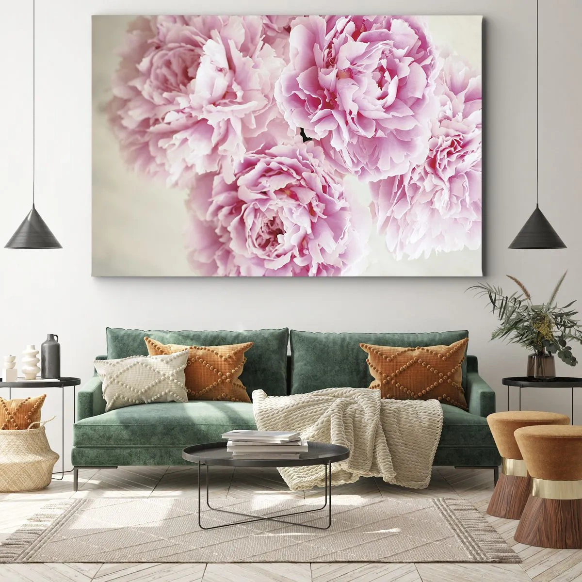 Tablou pe pânză Canvas - Un buchet de bujori roz pe un fundal deschis - 70x50cm - În luxul roz - Decorațiune modernă pentru perete pentru living și dormitor ARTTOR