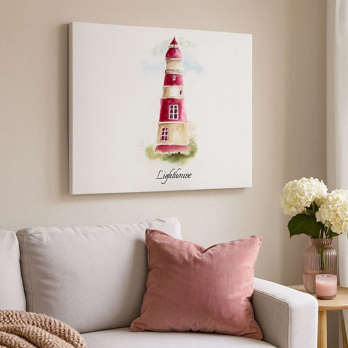 Tablou pe pânză Canvas - O pictură în acuarelă a unui far pe un fundal deschis cu o inscripție - 70x50cm - Întotdeauna vreme bună - Decorațiune modernă pentru perete pentru living și dormitor ARTTOR