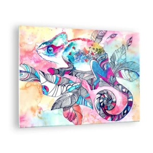 Tablou pe sticlă - Cameleon colorat printre frunze în stil acuarelă - 70x50cm - Colorat ca și lumea noastră - Decorațiune modernă pentru perete pentru living și dormitor ARTTOR