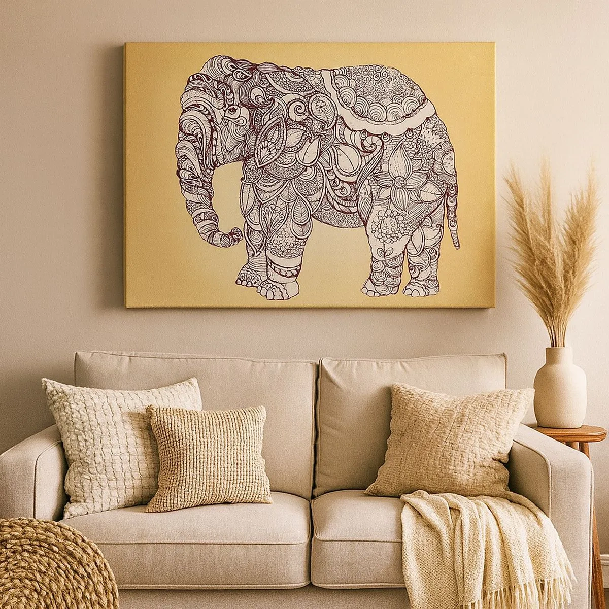 Tablou pe pânză Canvas - Elefant desenat manual cu un model ornamentat pe un fundal bej - 70x50cm - Elefantul oriental - Decorațiune modernă pentru perete pentru living și dormitor ARTTOR