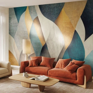 Tapet Standard Eco - Forme abstracte în nuanțe de auriu, bej și albastru - 100x70cm - Ritm și ondulare - Decorațiune modernă pentru perete pentru living și dormitor ARTTOR