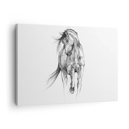 Tablou pe pânză Canvas - Schiță alb-negru a unui cal în galop - 70x50cm - Într-un trap grațios - Decorațiune modernă pentru perete pentru living și dormitor ARTTOR
