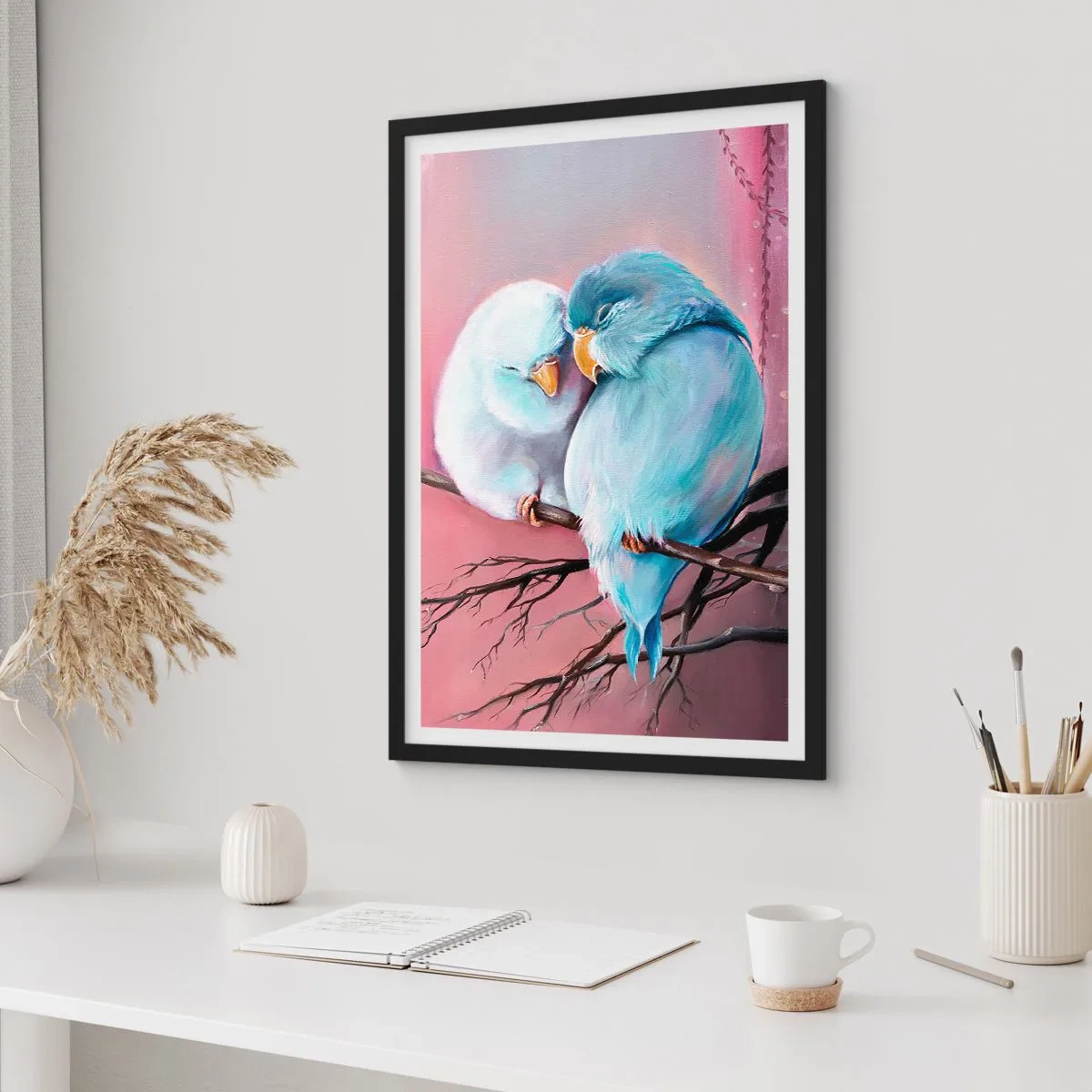 Poster în ramă neagră - Două păsări așezate pe o creangă într-un cadru romantic - 50x70cm - Ce mai este de adăugat?... - Decorațiune modernă pentru perete pentru living și dormitor ARTTOR