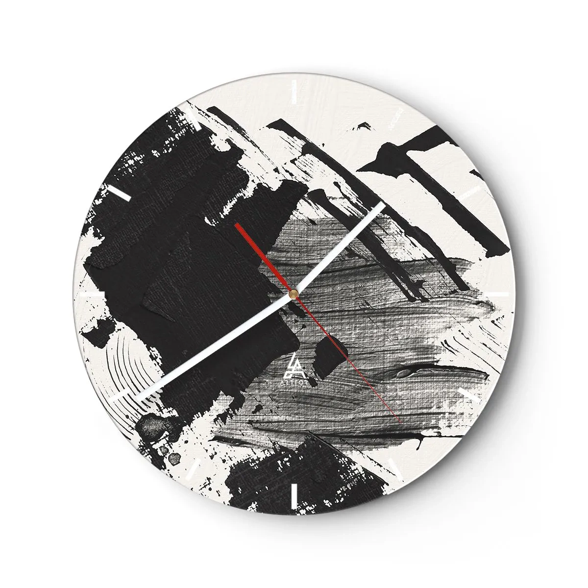 Ceas de perete - Ceas pe sticlă - Abstracție dinamică alb-negru cu linii largi - 30x30cm - Abstracție - expresie de negru - Decorațiune modernă pentru perete pentru living, bucătărie și dormitor ARTTOR