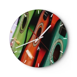 Ceas de perete - Ceas pe sticlă - Chitare colorate într-o compoziție artistică - 30x30cm - Chitara are multe culori - Decorațiune modernă pentru perete pentru living, bucătărie și dormitor ARTTOR