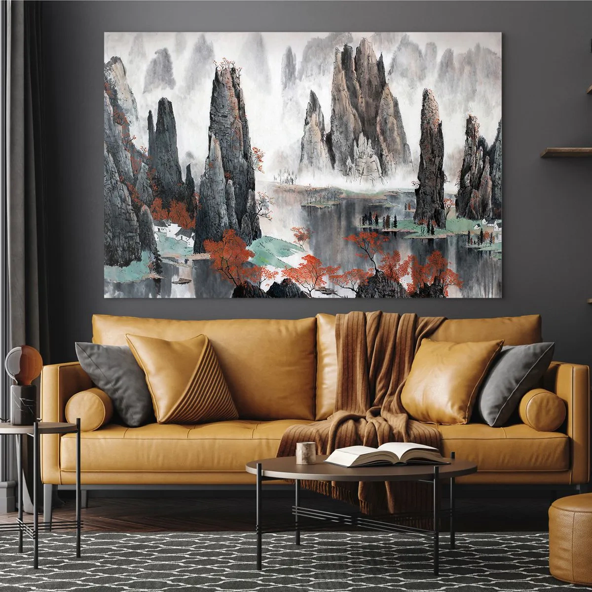 Tablou pe sticlă - Un peisaj montan pitoresc cu vârfuri învăluite în ceață și copaci roșii - 70x50cm - Gardieni puternici - Decorațiune modernă pentru perete pentru living și dormitor ARTTOR