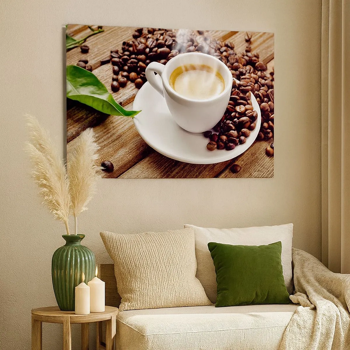 Tablou pe pânză Canvas - O ceașcă de cafea aromată pe fundalul boabelor și al unei frunze - 70x50cm - Cafea pe bancă - Decorațiune modernă pentru perete pentru living și dormitor ARTTOR