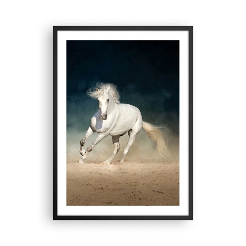 Poster în ramă neagră - Un cal alb galopând pe pământul nisipos - 50x70cm - Libertate în stare pură - Decorațiune modernă pentru perete pentru living și dormitor ARTTOR