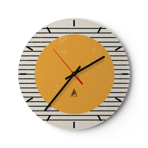 Ceas de perete - Ceas pe sticlă - Un cerc portocaliu pe un fundal de dungi albe și negre - 30x30cm - Puterea simplității - Decorațiune modernă pentru perete pentru living, bucătărie și dormitor ARTTOR