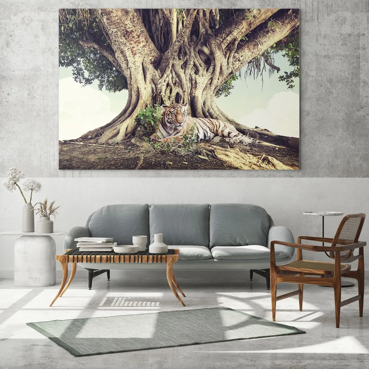 Tablou pe sticlă - Un tigru întins sub un copac întins în junglă - 70x50cm - O perspectivă din Geneză - Decorațiune modernă pentru perete pentru living și dormitor ARTTOR