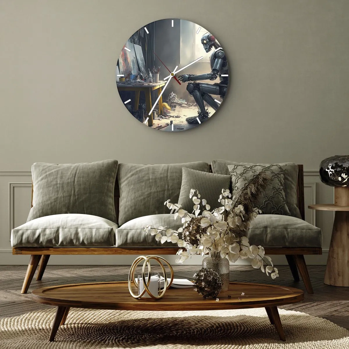 Ceas de perete - Ceas pe sticlă - Un robot la o masă de pictură într-un studio de artă - 30x30cm - Actul de creație - Decorațiune modernă pentru perete pentru living, bucătărie și dormitor ARTTOR