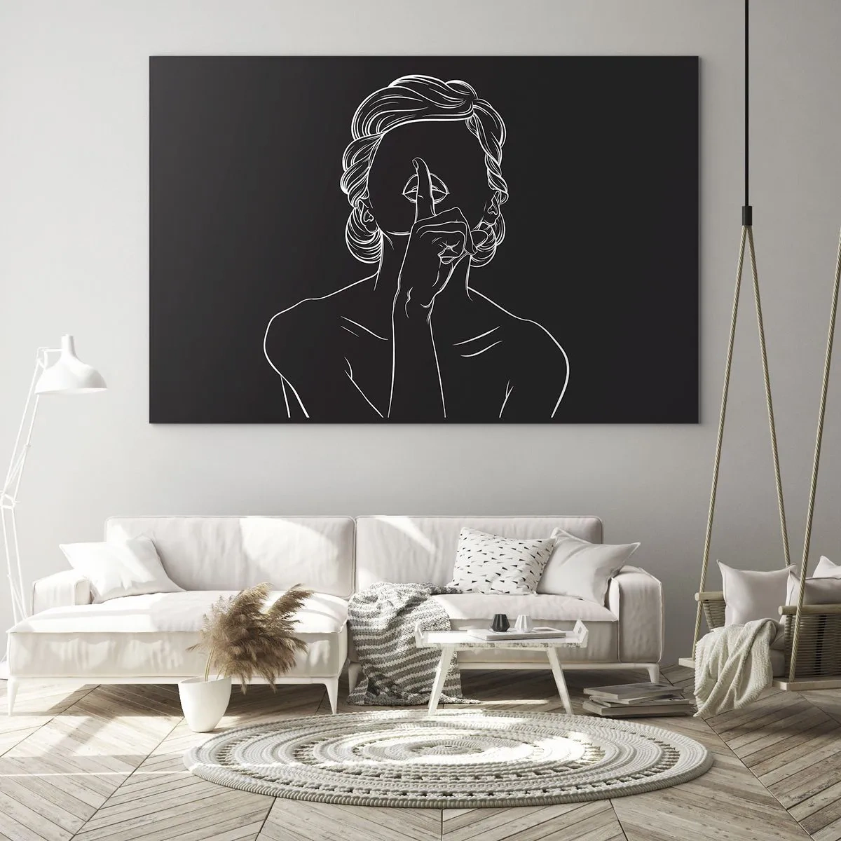 Tablou pe sticlă - O siluetă minimalistă a unei femei care face un gest de tăcere. - 70x50cm - Frumusețea înflorește în tăcere - Decorațiune modernă pentru perete pentru living și dormitor ARTTOR