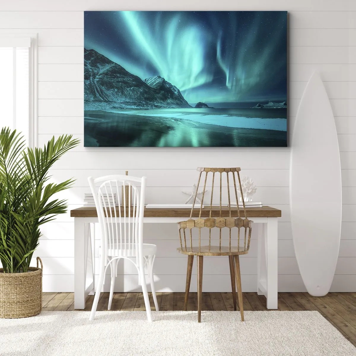 Tablou pe pânză Canvas - Aurora boreală peste un peisaj muntos de iarnă - 70x50cm - Minunile din nord - Decorațiune modernă pentru perete pentru living și dormitor ARTTOR