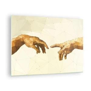 Tablou pe sticlă - O versiune stilizată a picturii „Crearea lui Adam” în tehnica poligonului - 70x50cm - Geometrie divină - Decorațiune modernă pentru perete pentru living și dormitor ARTTOR