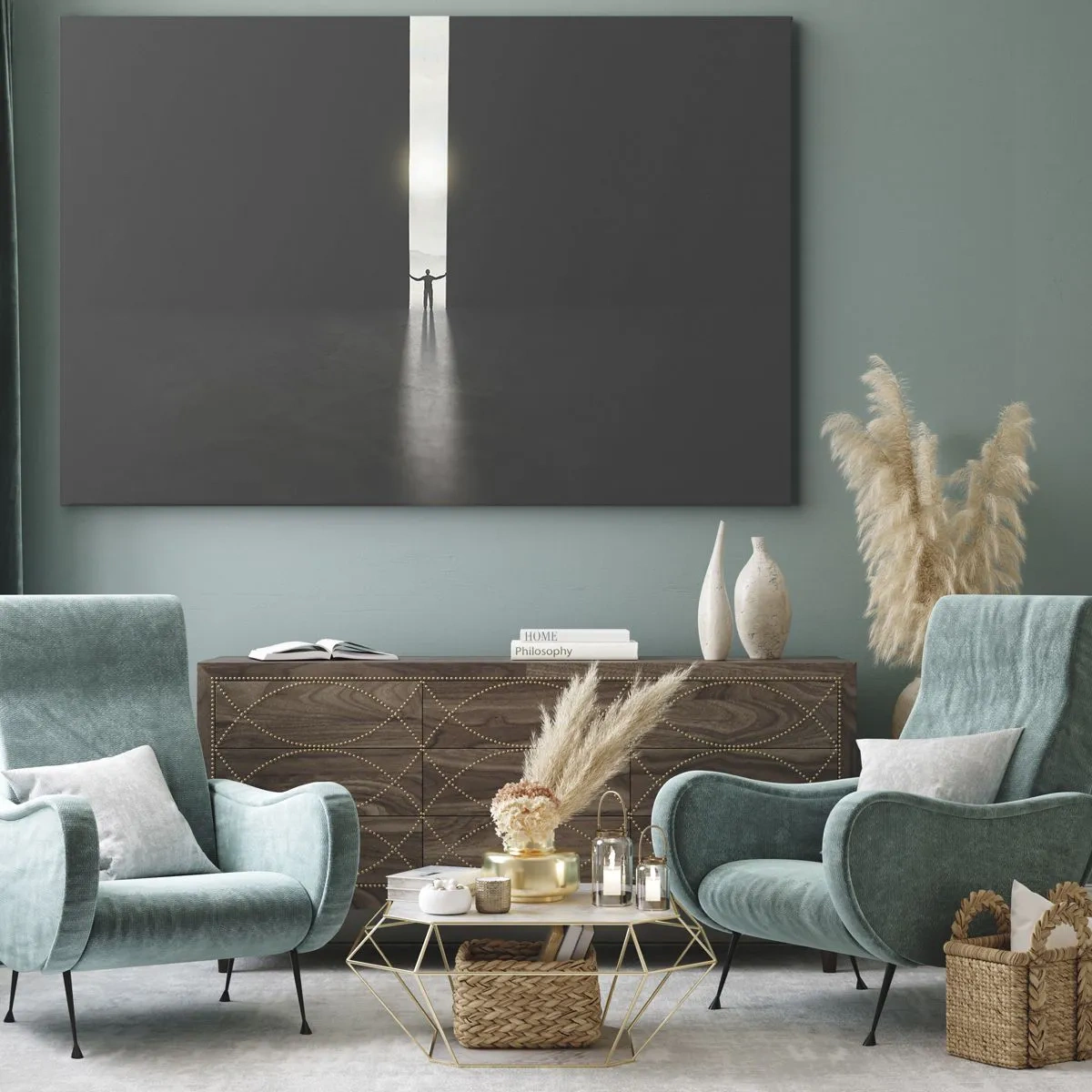 Tablou pe pânză Canvas - Un bărbat stând în lumina unei fante înguste într-un spațiu întunecat - 70x50cm - Un pas spre un viitor luminos - Decorațiune modernă pentru perete pentru living și dormitor ARTTOR