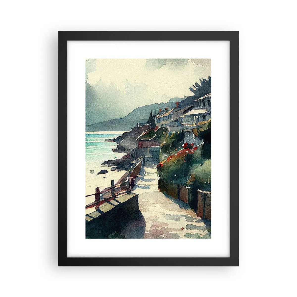Poster în ramă neagră - Orășel mediteraneean - 30x40 cm