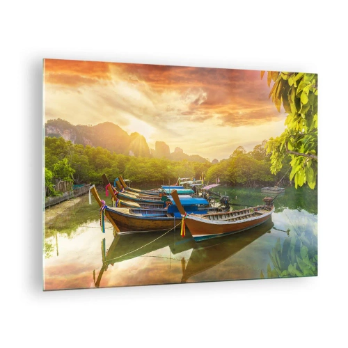 Tablou pe sticlă - Bărci tradiționale într-un peisaj tropical la apus - 70x50cm - Înainte de o zi plină - Decorațiune modernă pentru perete pentru living și dormitor ARTTOR